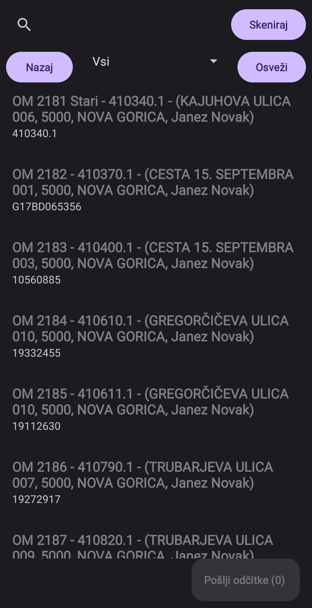 Mobile measurement location list screen