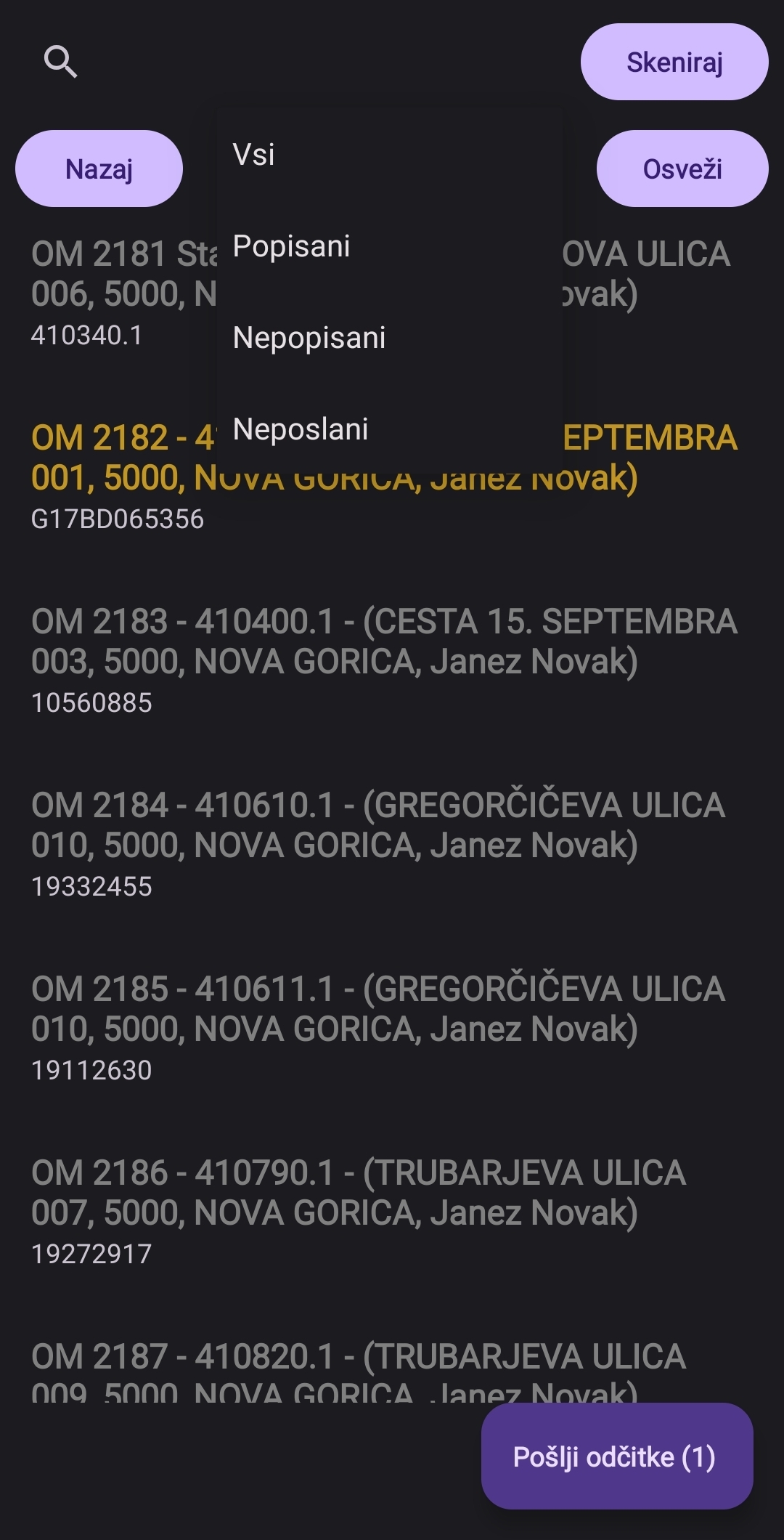 Mobile filter by status screen