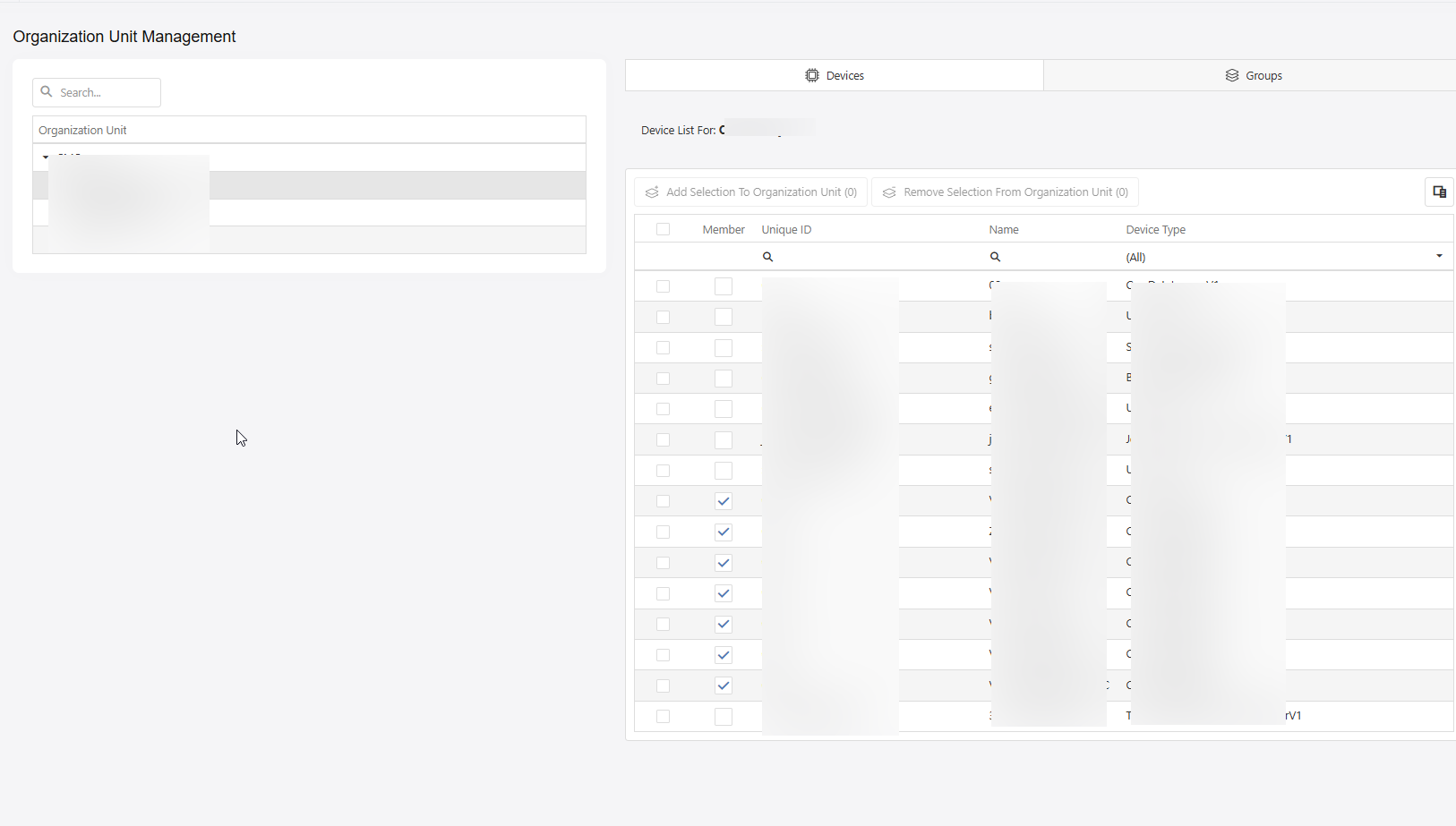 Web grouping organization units screen