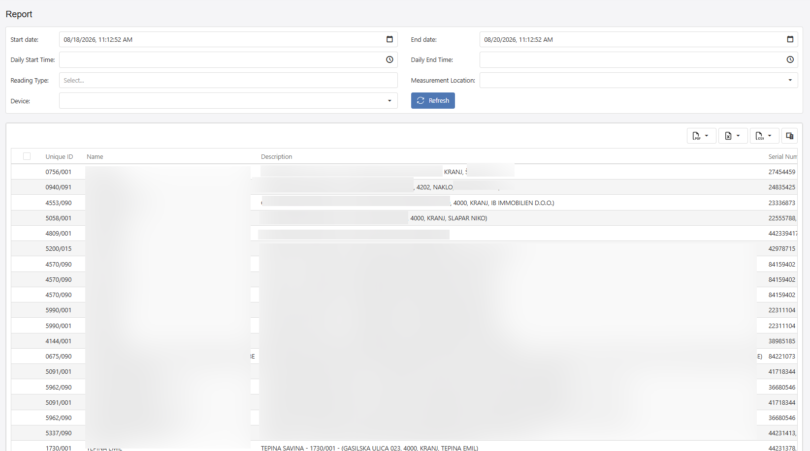 Web measurement location report screen